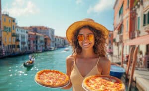 Cheerful young female traveler wearing a straw hat and sunglasses, holding two pizzas by a sunny Venice canal with gondolas in the background.