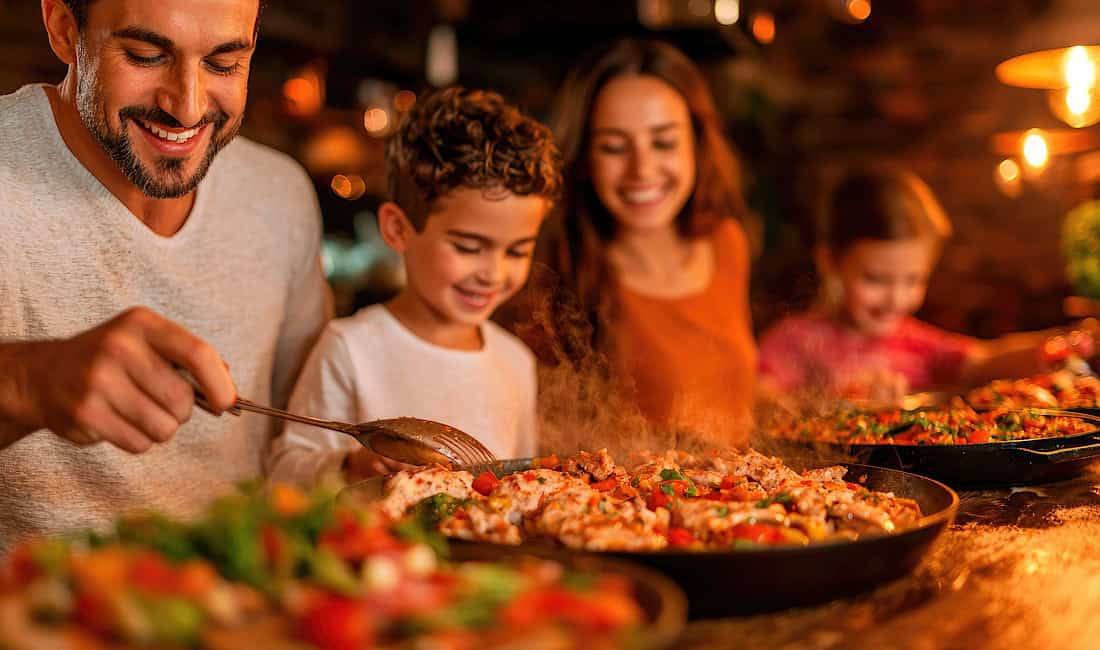 Happy family enjoying dinner at a rustic restaurant in Venice, Italy